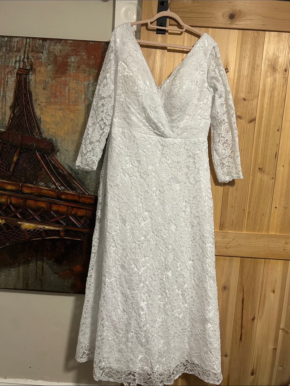 Lace V-Neck Long Sleeve Wedding Dress in White